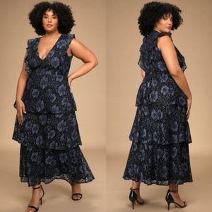 Lulu's Molinetto Navy Blue Lace Ruffled Tiered Sleeveless Maxi Dress Size XL